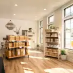 Interior retail floor with warm wood shelving at Baltic Coffee Company