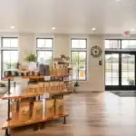 Open floor plan with product displays inside Baltic Coffee Company