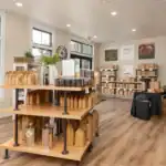 Coffee retail shelving in the insulated interior of Baltic Coffee Company
