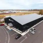 Aerial view of The Backyard pickleball and social club pole building near Lakeside-Marblehead, Ohio