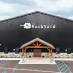 Aerial view of The Backyard building with rooftop signage
